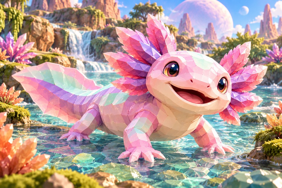 Quantum Axolotl in an illustrated alien habitat from the Intergalactic Zoo game