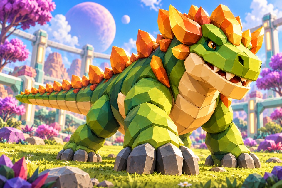 Crystal Dinosaur in an illustrated alien habitat from the Intergalactic Zoo game