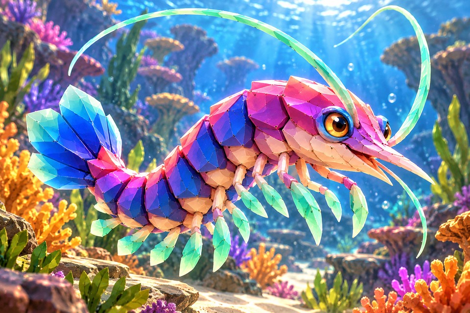 Neon Shrimp in an illustrated alien habitat from the Intergalactic Zoo game