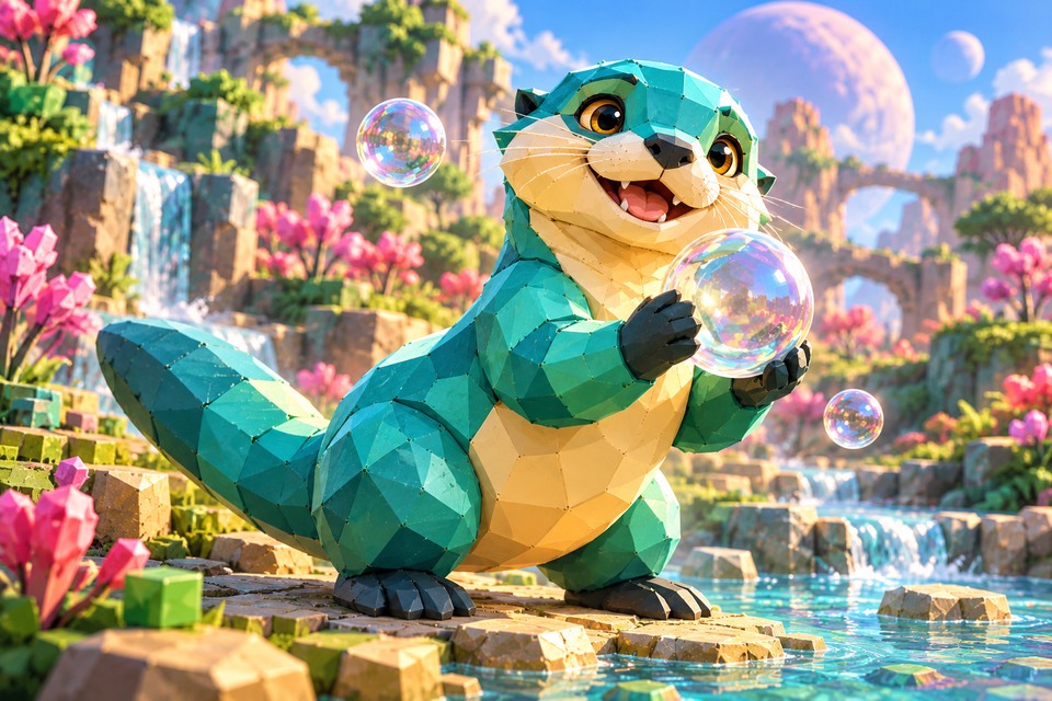 Orbit Otter in an illustrated alien habitat from the Intergalactic Zoo game