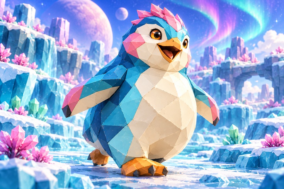 Aurora Penguin in an illustrated alien habitat from the Intergalactic Zoo game
